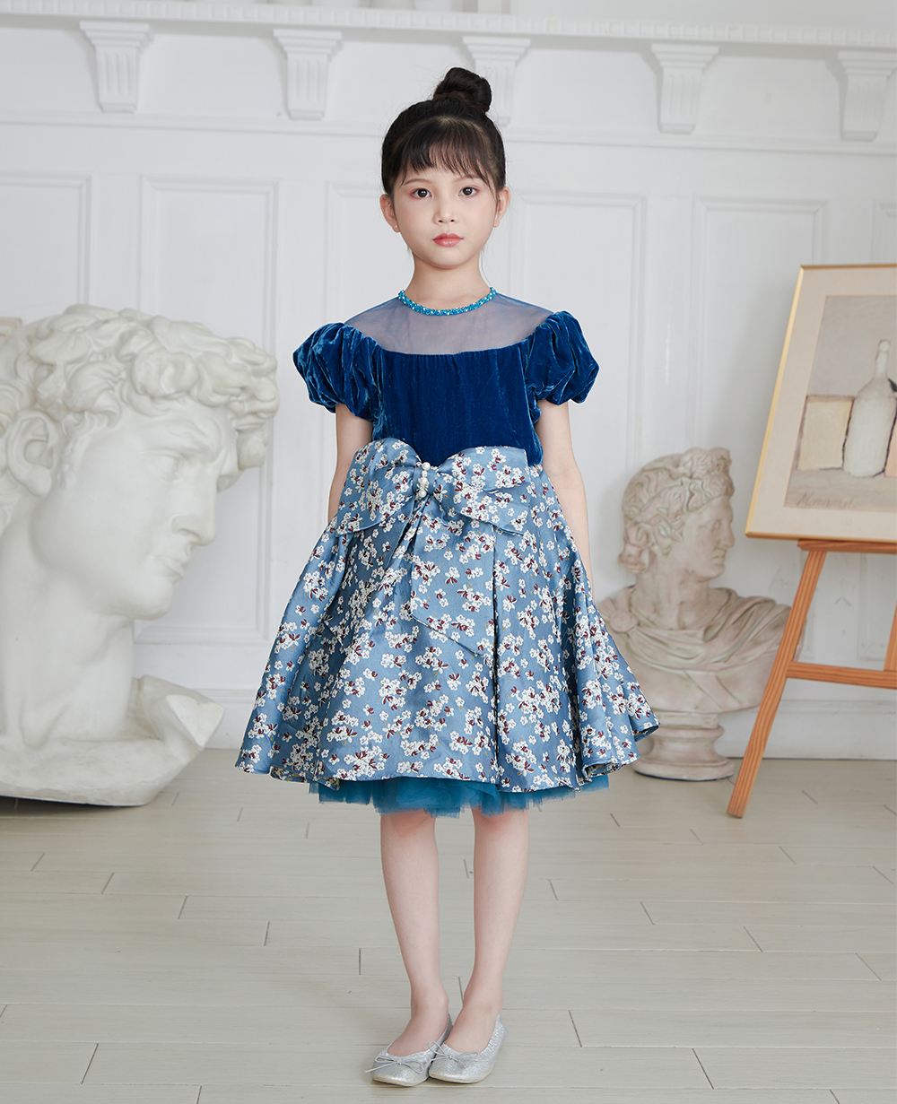 Blue Velvet and Floral Brocade Dress